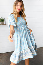 Load image into Gallery viewer, Light Blue Paisley Fit and Flare Smocked Midi Dress
