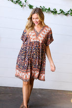 Load image into Gallery viewer, Navy &amp; Orange Paisley Dolman V Neck Dress
