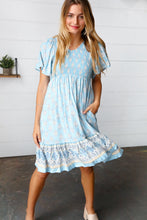 Load image into Gallery viewer, Light Blue Paisley Fit and Flare Smocked Midi Dress
