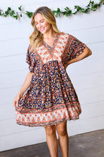 Load image into Gallery viewer, Navy &amp; Orange Paisley Dolman V Neck Dress
