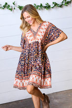 Load image into Gallery viewer, Navy &amp; Orange Paisley Dolman V Neck Dress
