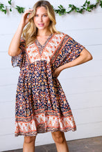 Load image into Gallery viewer, Navy &amp; Orange Paisley Dolman V Neck Dress
