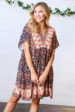 Load image into Gallery viewer, Navy &amp; Orange Paisley Dolman V Neck Dress
