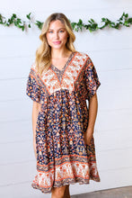 Load image into Gallery viewer, Navy &amp; Orange Paisley Dolman V Neck Dress
