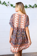 Load image into Gallery viewer, Navy &amp; Orange Paisley Dolman V Neck Dress
