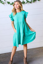 Load image into Gallery viewer, Turquoise Smocked Ruffle Sleeve Tiered Dress
