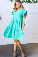 Load image into Gallery viewer, Turquoise Smocked Ruffle Sleeve Tiered Dress
