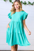 Load image into Gallery viewer, Turquoise Smocked Ruffle Sleeve Tiered Dress
