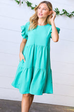 Load image into Gallery viewer, Turquoise Smocked Ruffle Sleeve Tiered Dress
