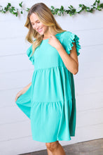 Load image into Gallery viewer, Turquoise Smocked Ruffle Sleeve Tiered Dress
