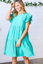 Load image into Gallery viewer, Turquoise Smocked Ruffle Sleeve Tiered Dress
