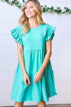 Load image into Gallery viewer, Turquoise Smocked Ruffle Sleeve Tiered Dress
