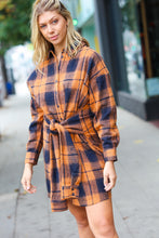 Load image into Gallery viewer, Navy &amp; Rust Plaid Flannel Button Down Waist Tie Dress
