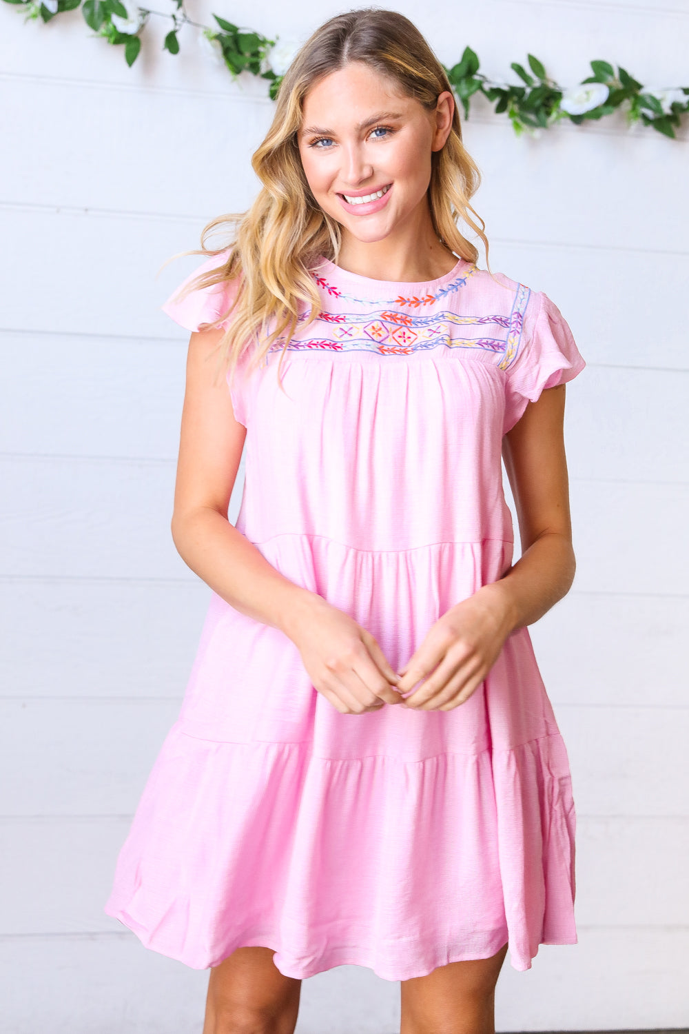 Baby Pink Embroidered Tiered Lined Dress