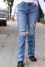 Load image into Gallery viewer, Holiday Medium Blue Slim Boot Fit High-Rise Plaid Stitched Jeans
