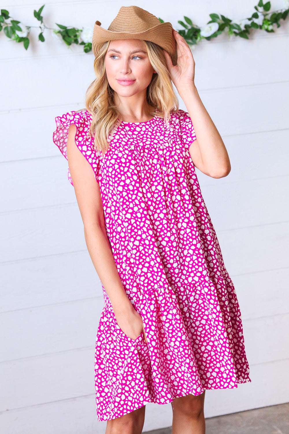 Magenta Animal Print Woven Poplin Ruffle Frill Sleeve Dress