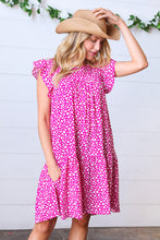 Load image into Gallery viewer, Magenta Animal Print Woven Poplin Ruffle Frill Sleeve Dress
