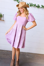 Load image into Gallery viewer, Lilac Embossed Bubble Sleeve Smocked Tiered Babydoll Dress
