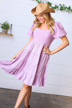 Load image into Gallery viewer, Lilac Embossed Bubble Sleeve Smocked Tiered Babydoll Dress
