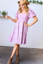 Load image into Gallery viewer, Lilac Embossed Bubble Sleeve Smocked Tiered Babydoll Dress
