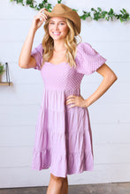 Load image into Gallery viewer, Lilac Embossed Bubble Sleeve Smocked Tiered Babydoll Dress
