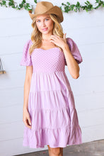 Load image into Gallery viewer, Lilac Embossed Bubble Sleeve Smocked Tiered Babydoll Dress
