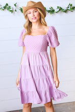 Load image into Gallery viewer, Lilac Embossed Bubble Sleeve Smocked Tiered Babydoll Dress
