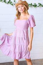 Load image into Gallery viewer, Lilac Embossed Bubble Sleeve Smocked Tiered Babydoll Dress
