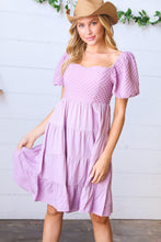 Load image into Gallery viewer, Lilac Embossed Bubble Sleeve Smocked Tiered Babydoll Dress
