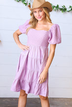 Load image into Gallery viewer, Lilac Embossed Bubble Sleeve Smocked Tiered Babydoll Dress
