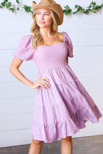 Load image into Gallery viewer, Lilac Embossed Bubble Sleeve Smocked Tiered Babydoll Dress
