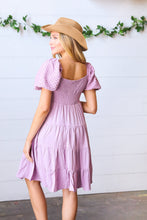 Load image into Gallery viewer, Lilac Embossed Bubble Sleeve Smocked Tiered Babydoll Dress
