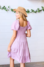 Load image into Gallery viewer, Lilac Embossed Bubble Sleeve Smocked Tiered Babydoll Dress
