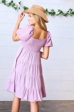 Load image into Gallery viewer, Lilac Embossed Bubble Sleeve Smocked Tiered Babydoll Dress
