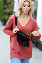 Load image into Gallery viewer, Black Faux Suede Fringe Convertible Fanny/Sling Bag
