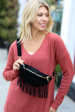 Load image into Gallery viewer, Black Faux Suede Fringe Convertible Fanny/Sling Bag
