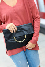 Load image into Gallery viewer, Black Fold Over Gold O-Ring Faux Leather Clutch Bag
