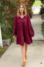 Load image into Gallery viewer, Burgundy V Neck Woven Swing Dress with Pockets
