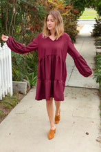 Load image into Gallery viewer, Burgundy V Neck Woven Swing Dress with Pockets
