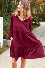 Load image into Gallery viewer, Burgundy V Neck Woven Swing Dress with Pockets
