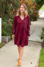 Load image into Gallery viewer, Burgundy V Neck Woven Swing Dress with Pockets
