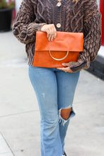 Load image into Gallery viewer, Camel Fold Over Gold O-Ring Faux Leather Clutch Bag
