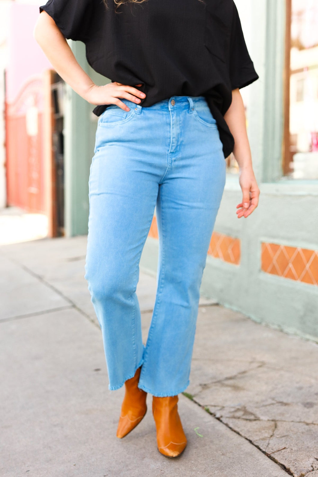 All You Need Ocean Blue High Waist Fray Bootcut Jeans