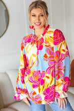 Load image into Gallery viewer, Let&#39;s Meet Later Fuchsia &amp; Blue Floral Frill Neck Top
