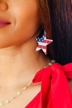 Load image into Gallery viewer, Patriotic Wooden Star Flag Dangle Earrings
