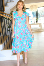 Load image into Gallery viewer, Aqua Floral Elastic Waist Fit &amp; Flare Ruffle Midi Dress
