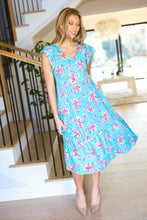 Load image into Gallery viewer, Aqua Floral Elastic Waist Fit &amp; Flare Ruffle Midi Dress
