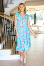 Load image into Gallery viewer, Aqua Floral Elastic Waist Fit &amp; Flare Ruffle Midi Dress
