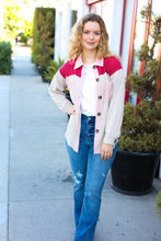 Load image into Gallery viewer, Give Joy Cranberry Ribbed Colorblock Button Down Shacket
