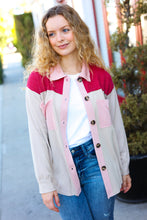 Load image into Gallery viewer, Give Joy Cranberry Ribbed Colorblock Button Down Shacket
